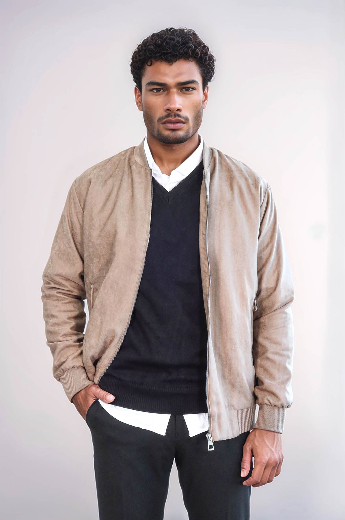 Plain Zippered Pockets Cream Men Bomber Coat - Wessi