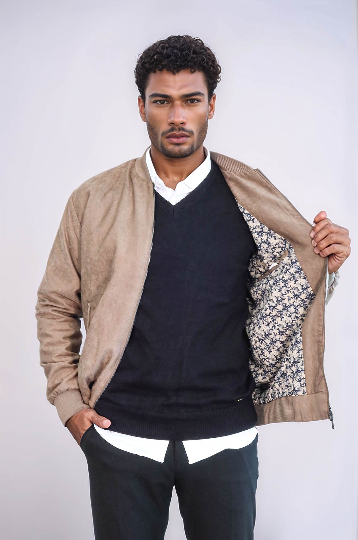 Plain Zippered Pockets Cream Men Bomber Coat - Wessi