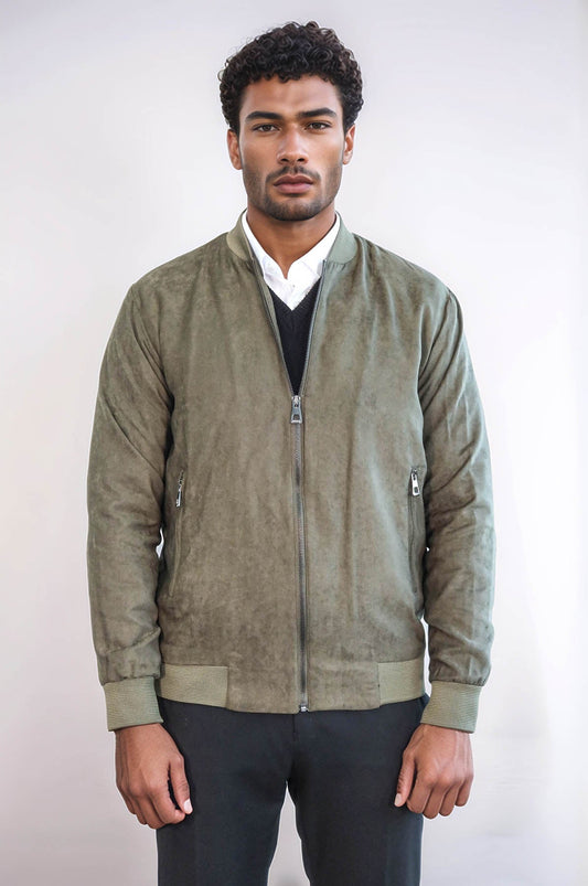 Plain Zippered Pockets Light Green Men Bomber Coat