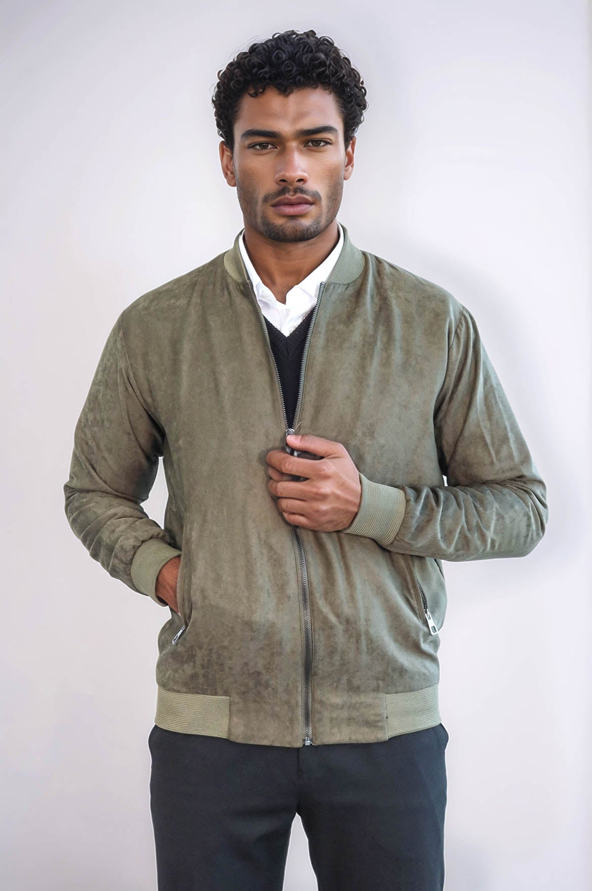 Plain Zippered Pockets Light Green Men Bomber Coat - Wessi
