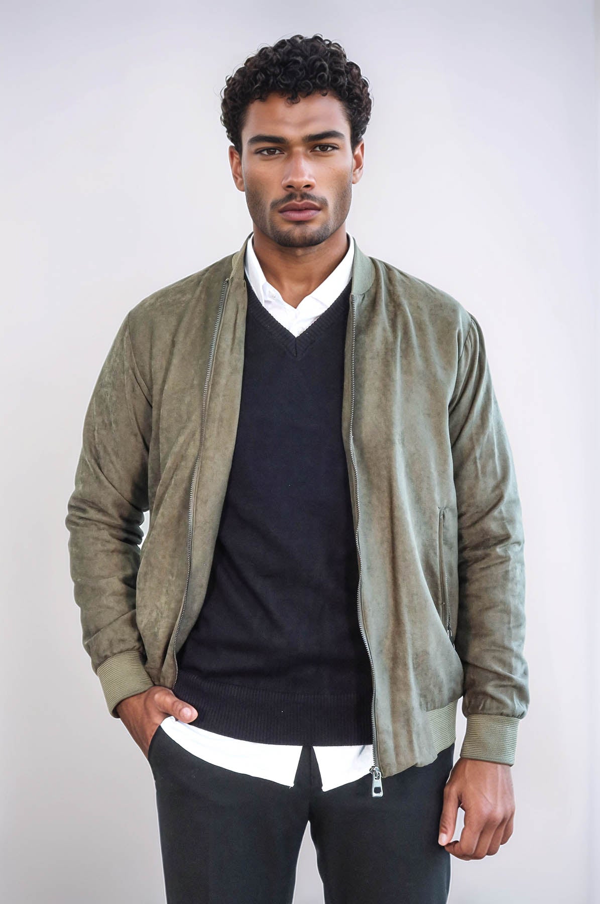 Plain Zippered Pockets Light Green Men Bomber Coat - Wessi