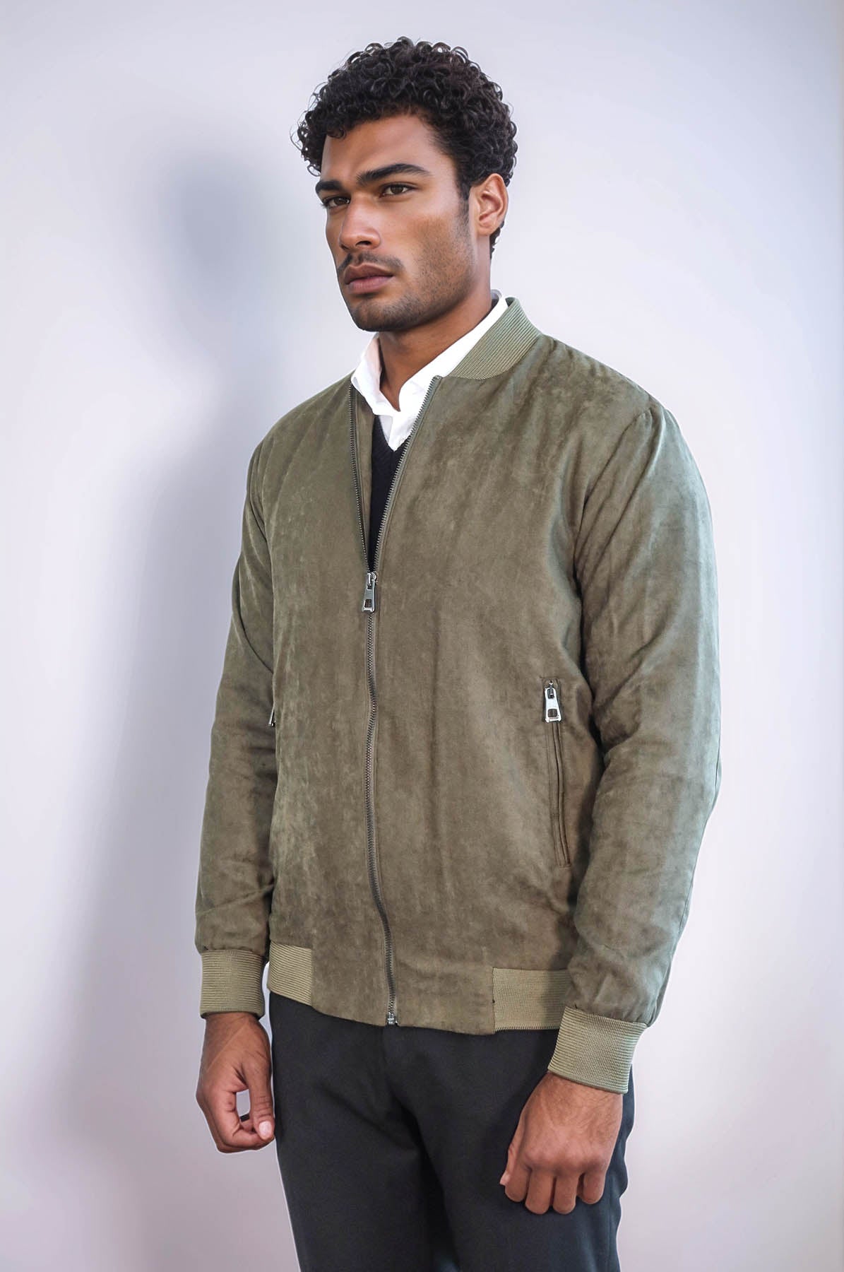 Plain Zippered Pockets Light Green Men Bomber Coat - Wessi