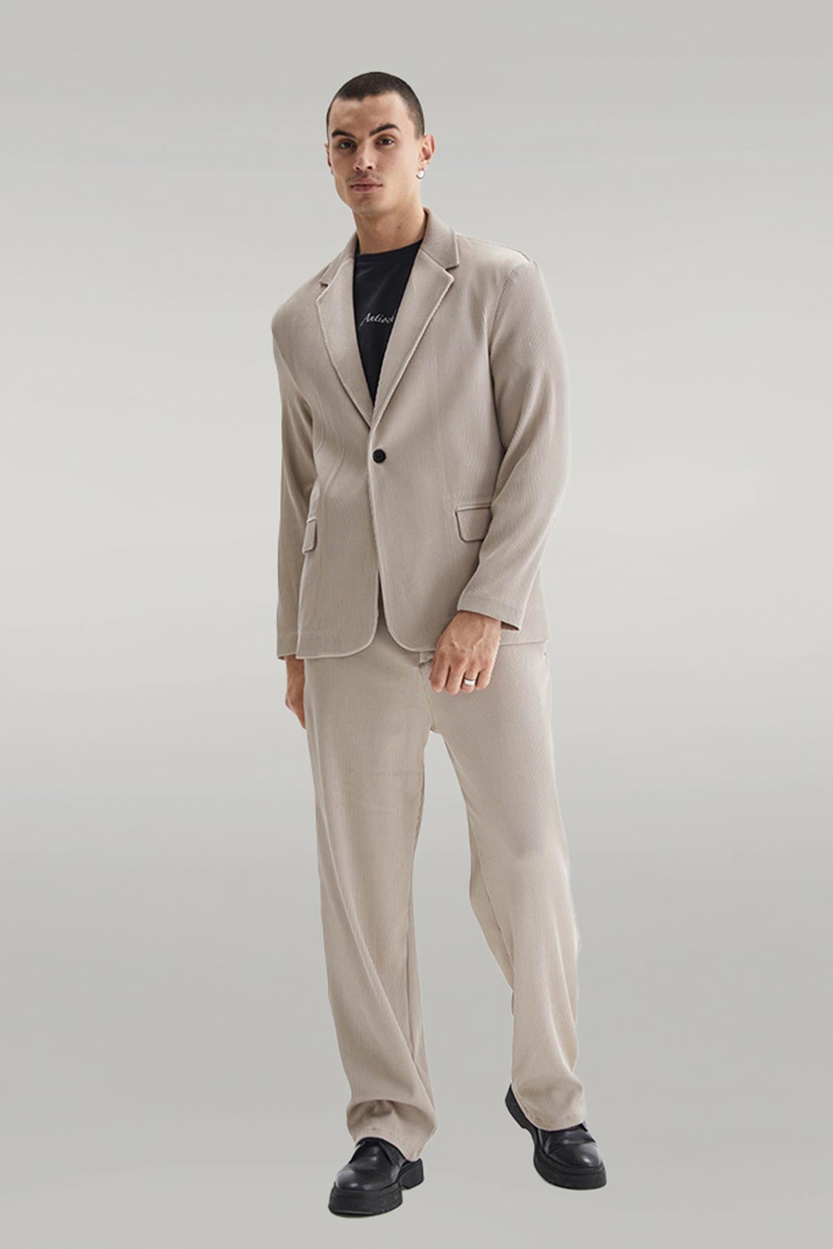 Men's Beige Ribbed Textured Oversize Suit - Wessi