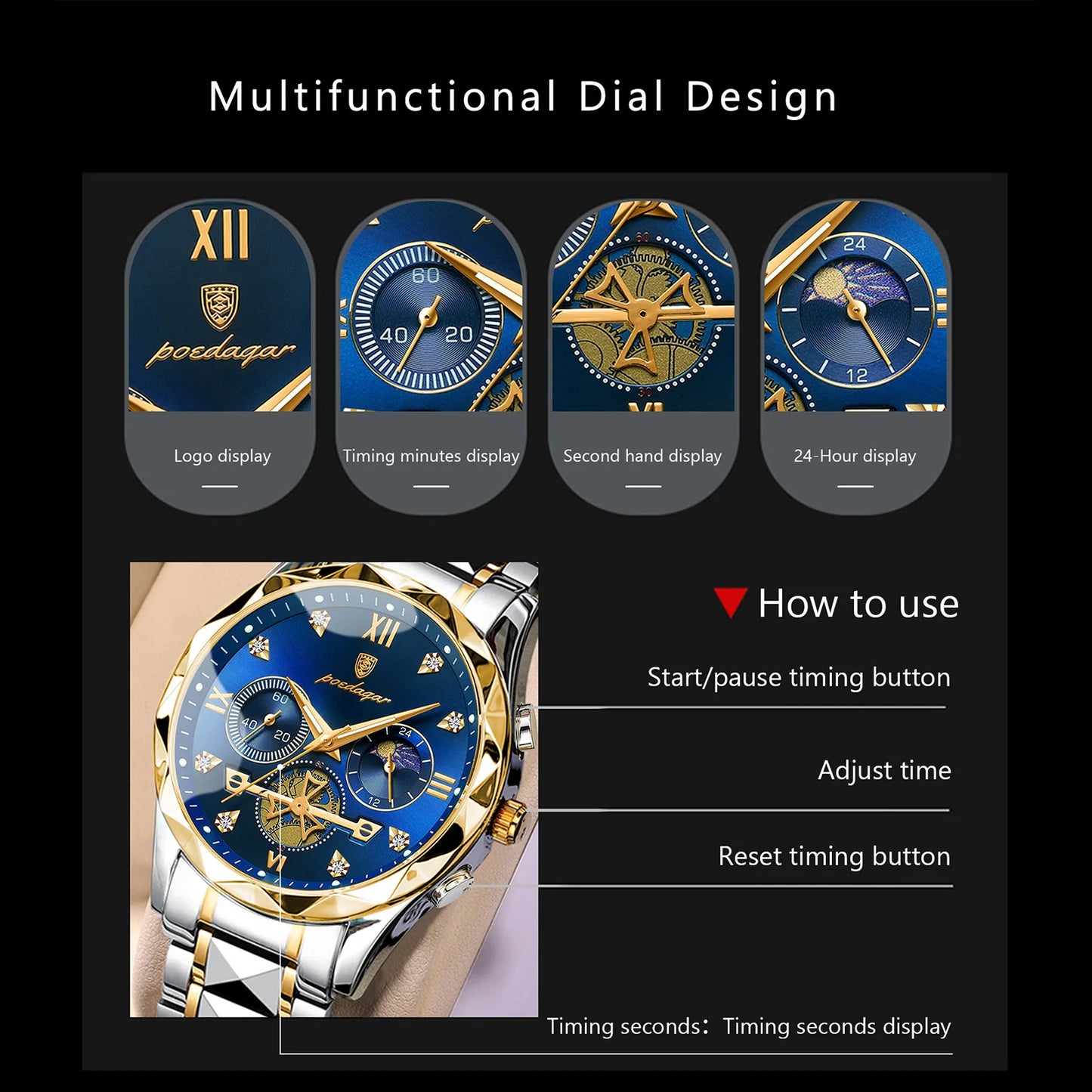 Man Waterproof Luminous Chronograph Quartz Timepiece with Stainless Steel Band