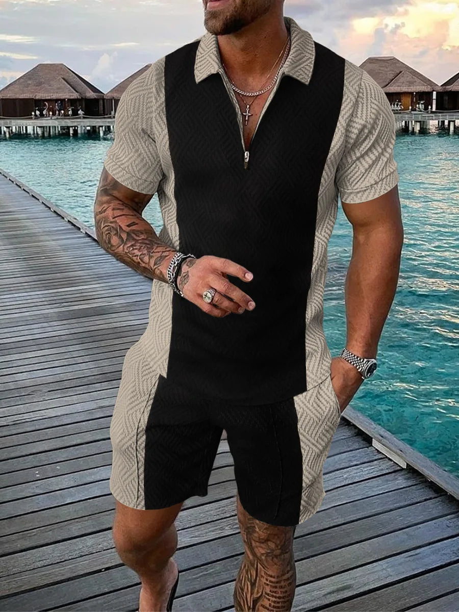 Men’s 3D Stripe Print Zip Polo Shirt & Shorts Set