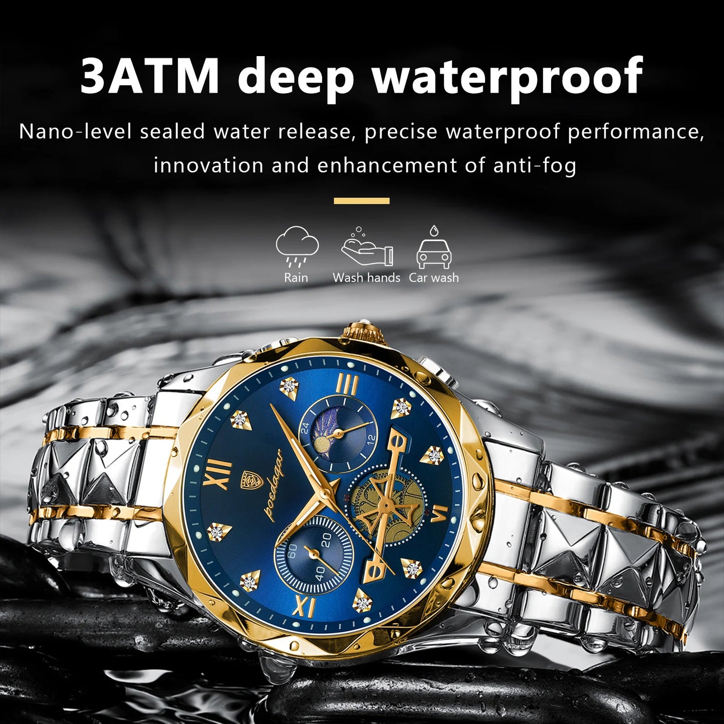 Man Waterproof Luminous Chronograph Quartz Timepiece with Stainless Steel Band