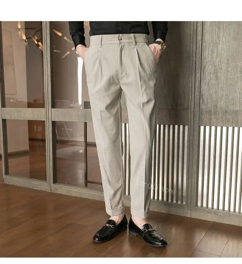 Men's Corduroy Dress Pants, Slim Fit, Smart Casual Trousers for All Seasons