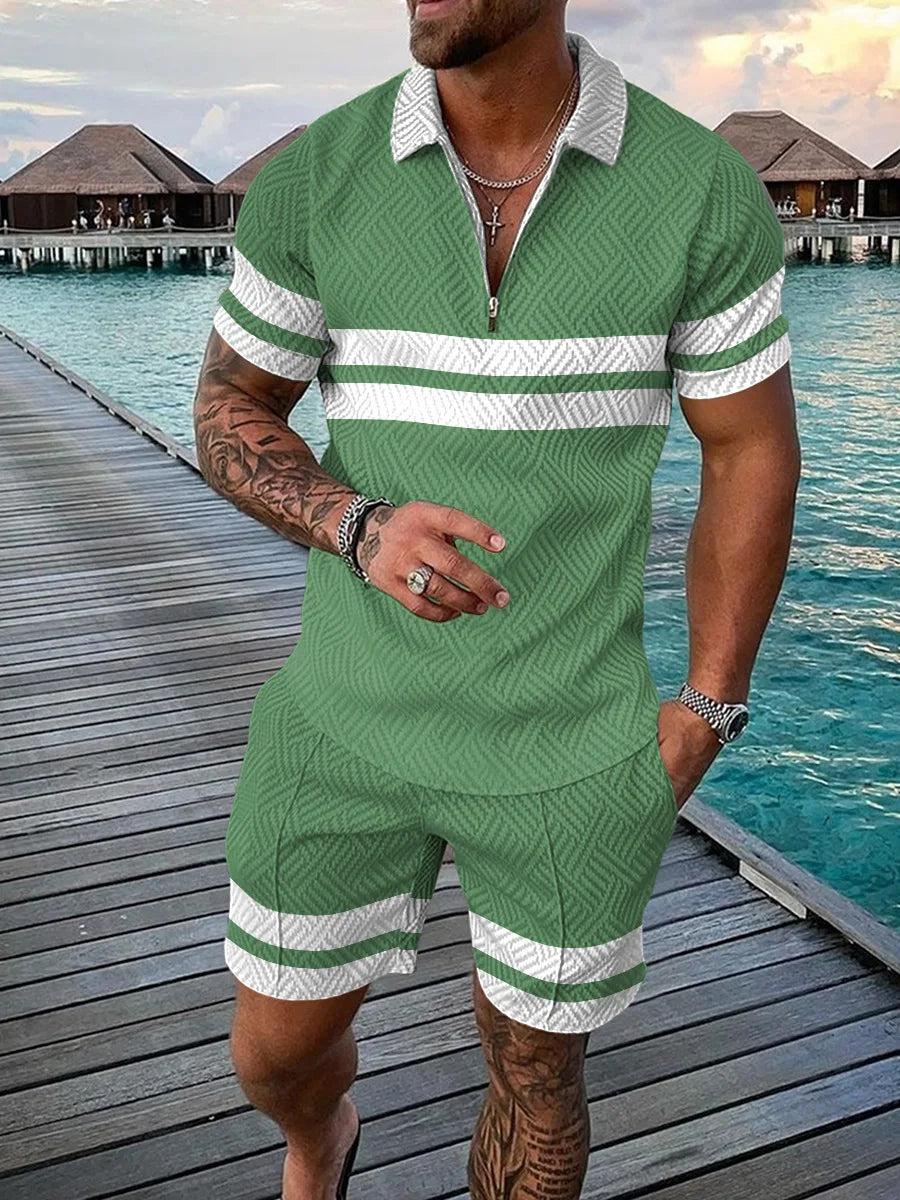 Men’s 3D Stripe Print Zip Polo Shirt & Shorts Set