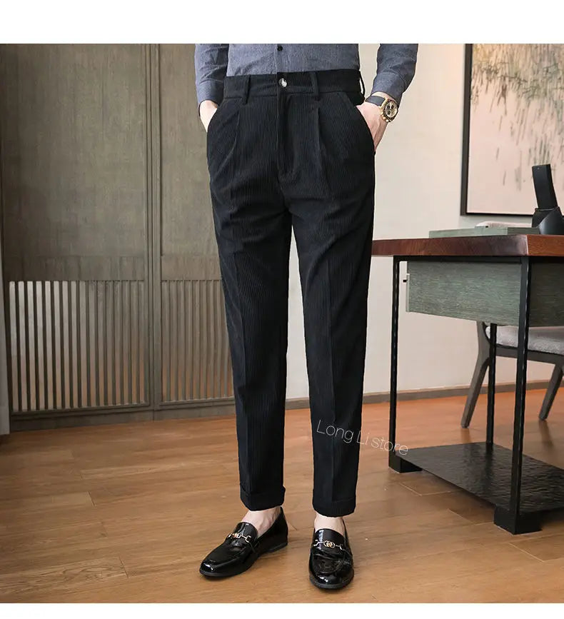 Men's Corduroy Dress Pants, Slim Fit, Smart Casual Trousers for All Seasons