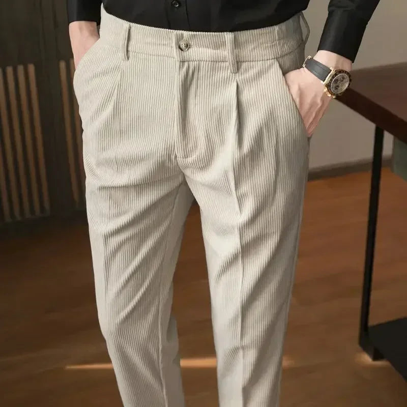 Men's Corduroy Dress Pants, Slim Fit, Smart Casual Trousers for All Seasons
