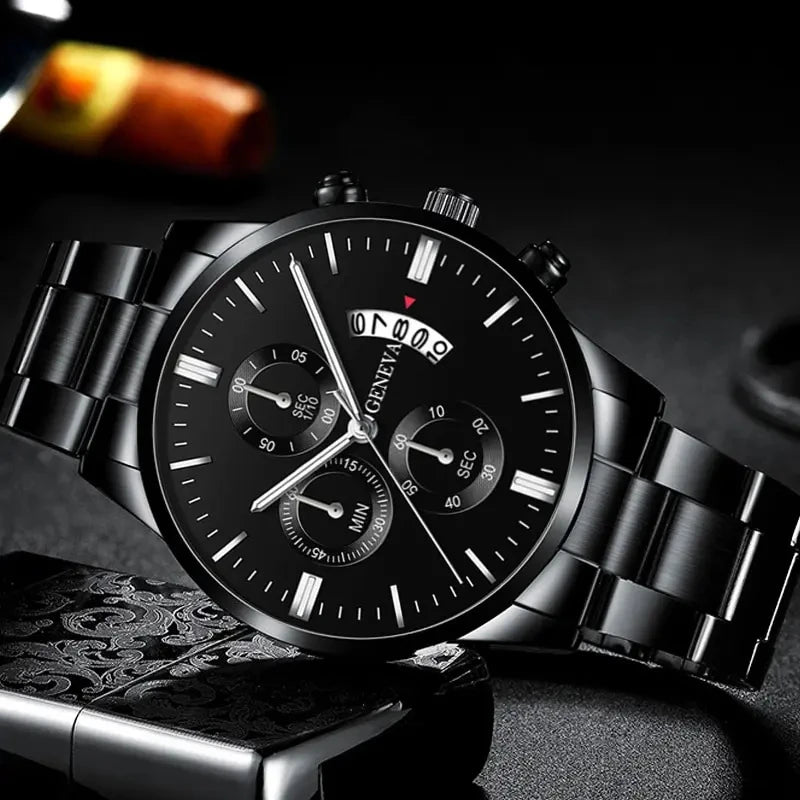 Black Stainless Steel Business Watch with Calendar & Date Display for Men