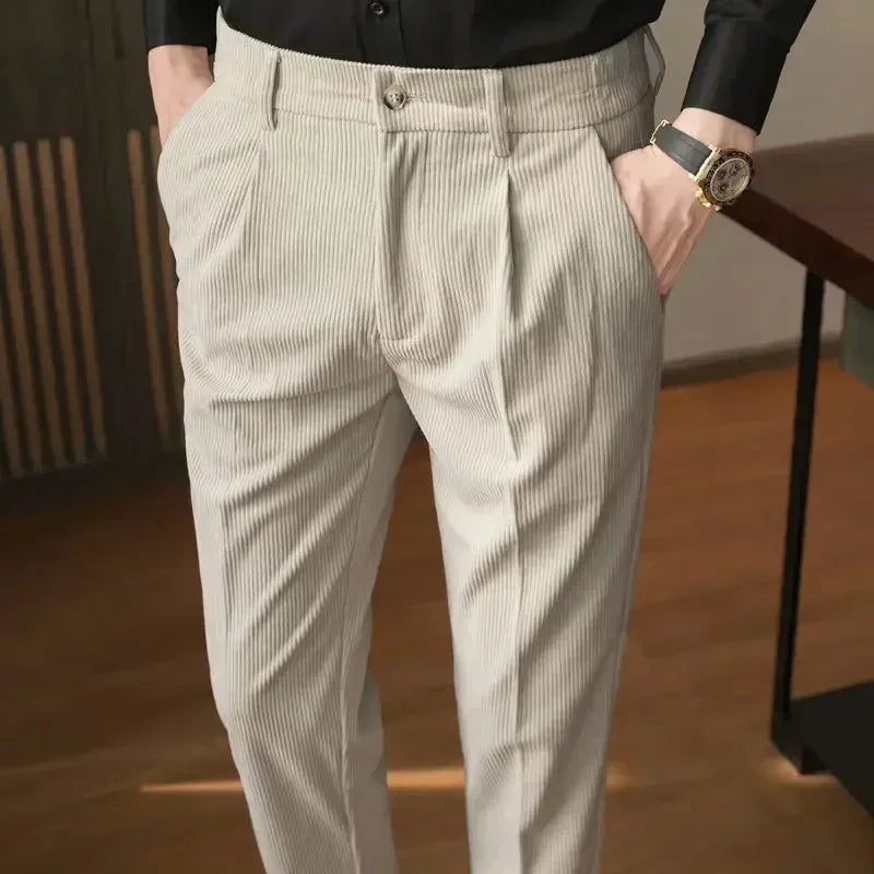 Men's Corduroy Dress Pants, Slim Fit, Smart Casual Trousers for All Seasons