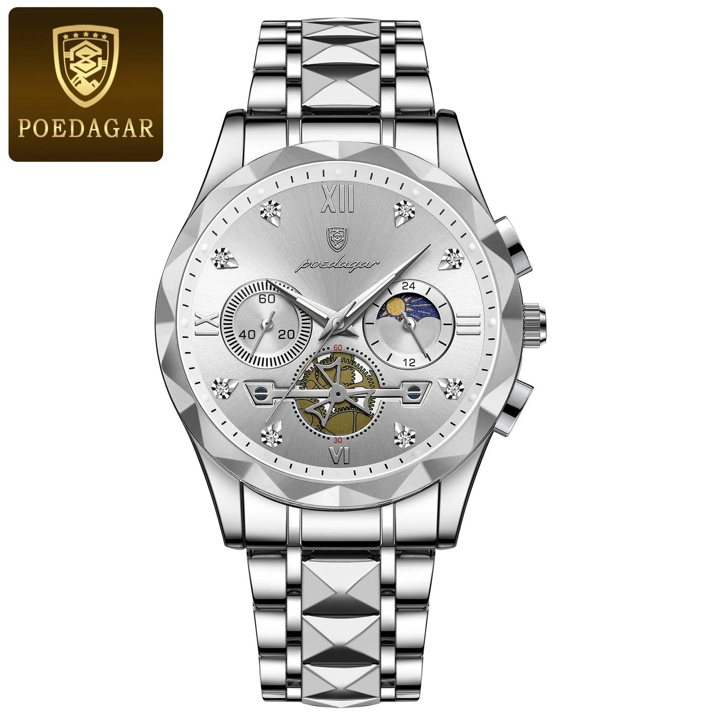 Man Waterproof Luminous Chronograph Quartz Timepiece with Stainless Steel Band