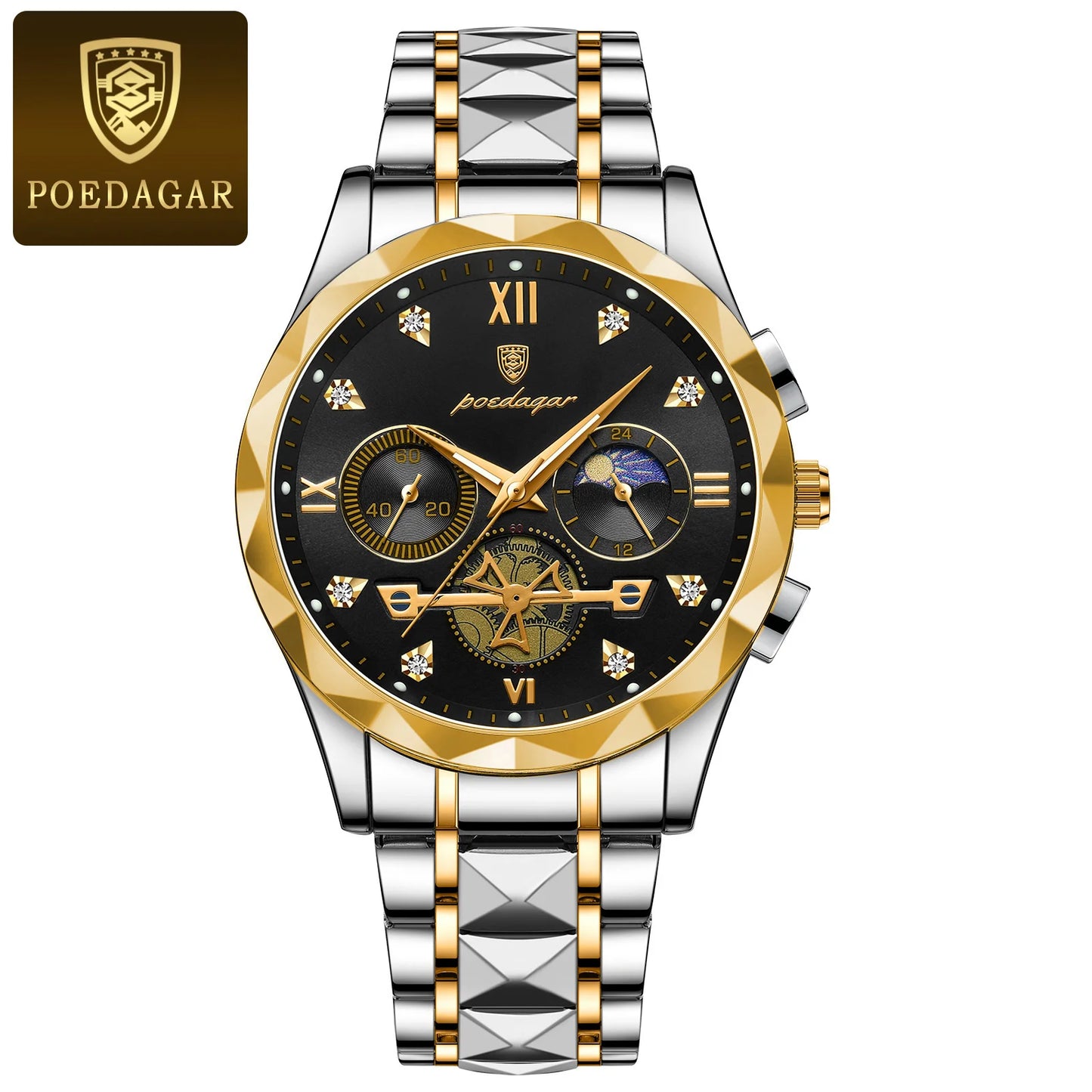 Man Waterproof Luminous Chronograph Quartz Timepiece with Stainless Steel Band