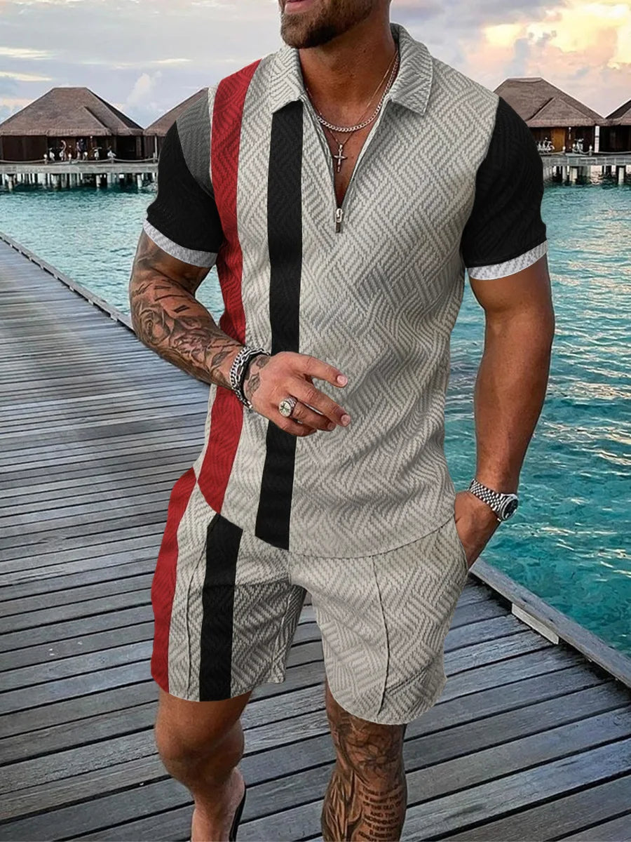Men’s 3D Stripe Print Zip Polo Shirt & Shorts Set