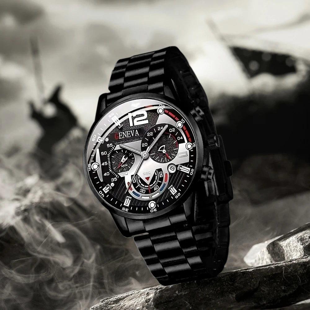 Black Stainless Steel Business Watch with Calendar & Date Display for Men