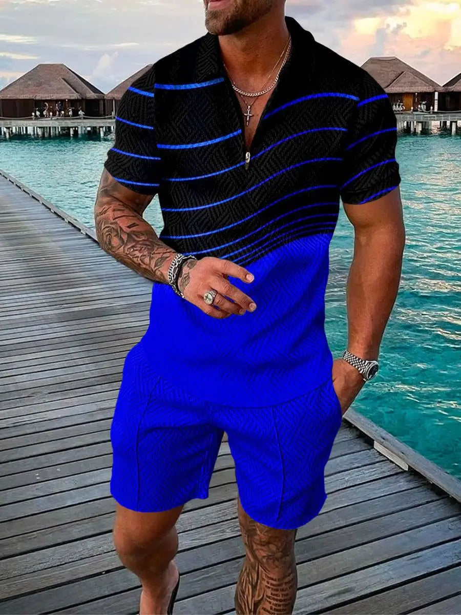 Men’s 3D Stripe Print Zip Polo Shirt & Shorts Set