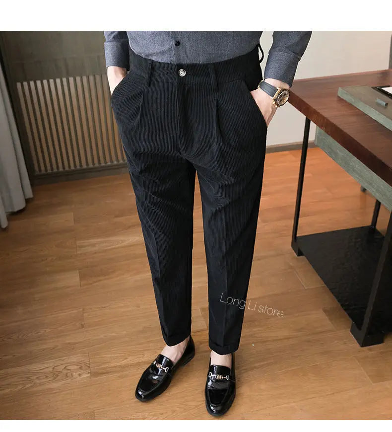 Men's Corduroy Dress Pants, Slim Fit, Smart Casual Trousers for All Seasons