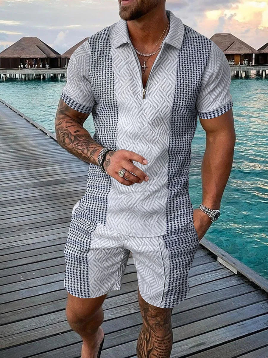Men’s 3D Stripe Print Zip Polo Shirt & Shorts Set
