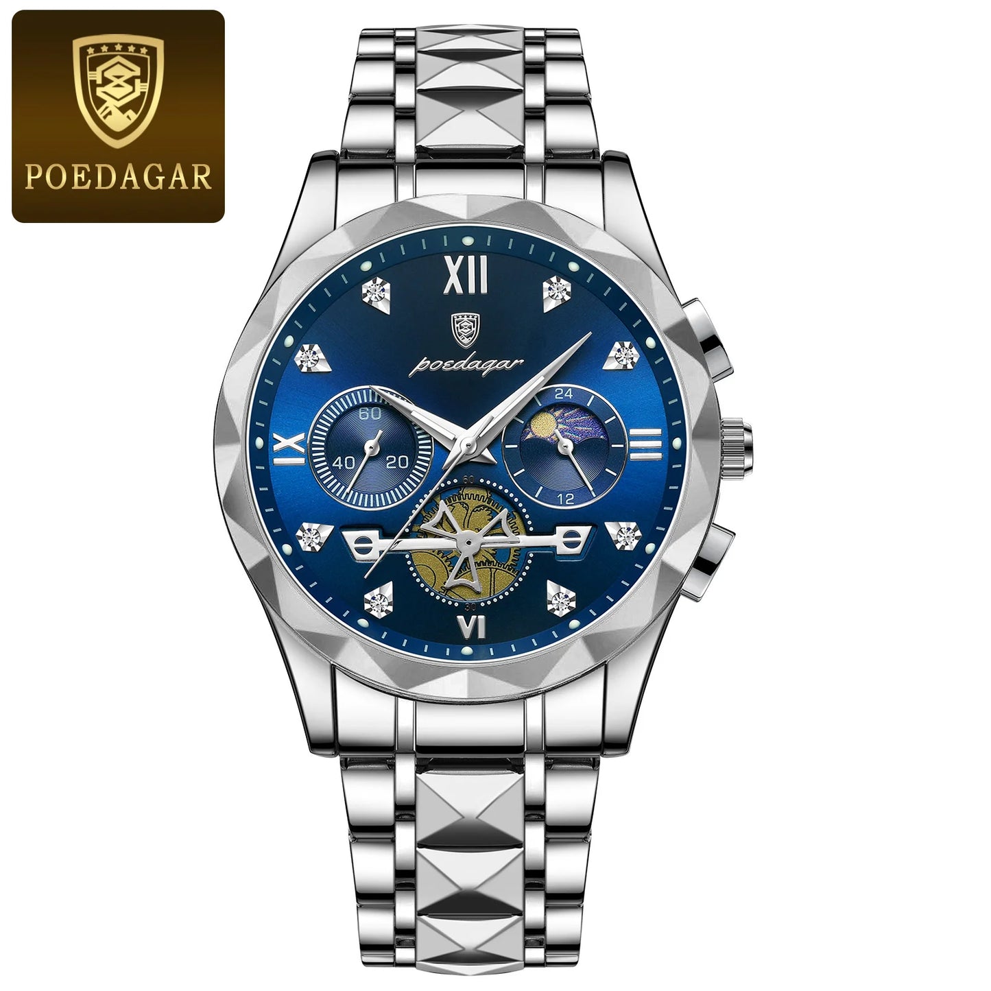 Man Waterproof Luminous Chronograph Quartz Timepiece with Stainless Steel Band