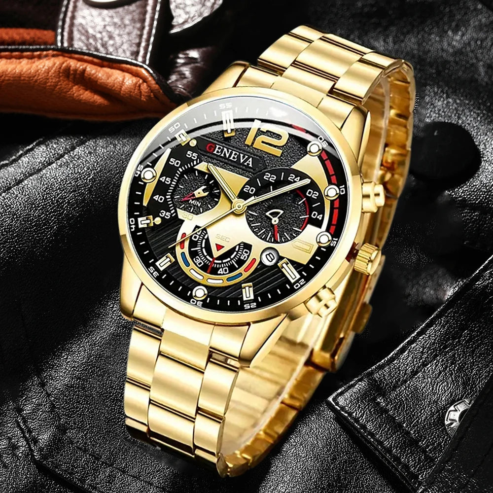 Black Stainless Steel Business Watch with Calendar & Date Display for Men
