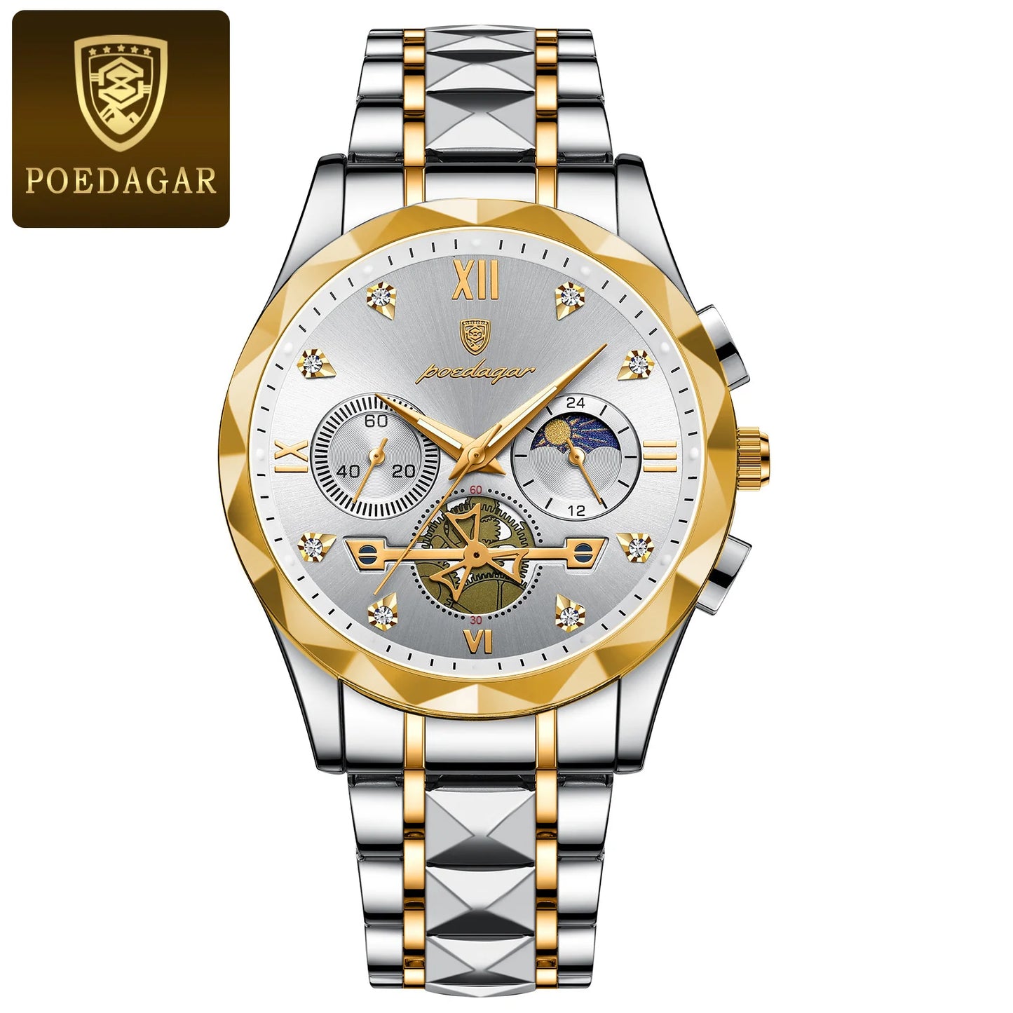 Man Waterproof Luminous Chronograph Quartz Timepiece with Stainless Steel Band