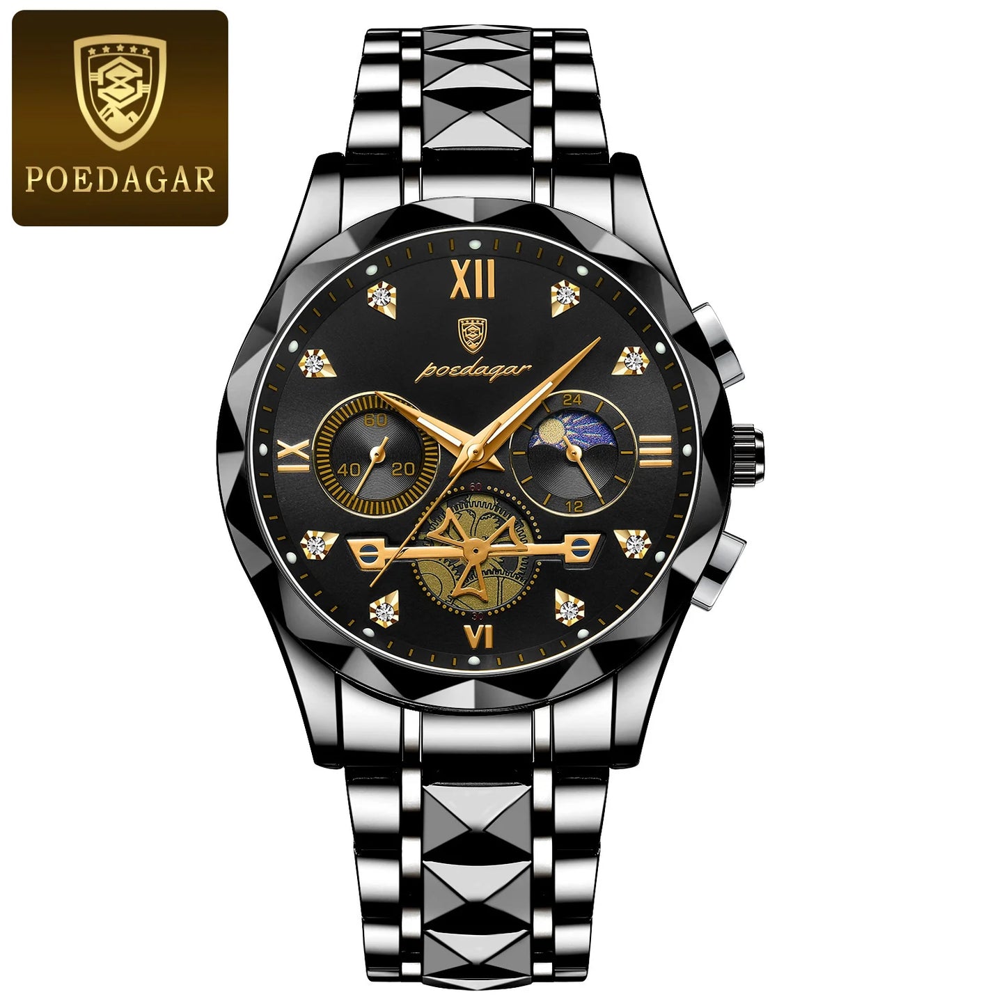 Man Waterproof Luminous Chronograph Quartz Timepiece with Stainless Steel Band