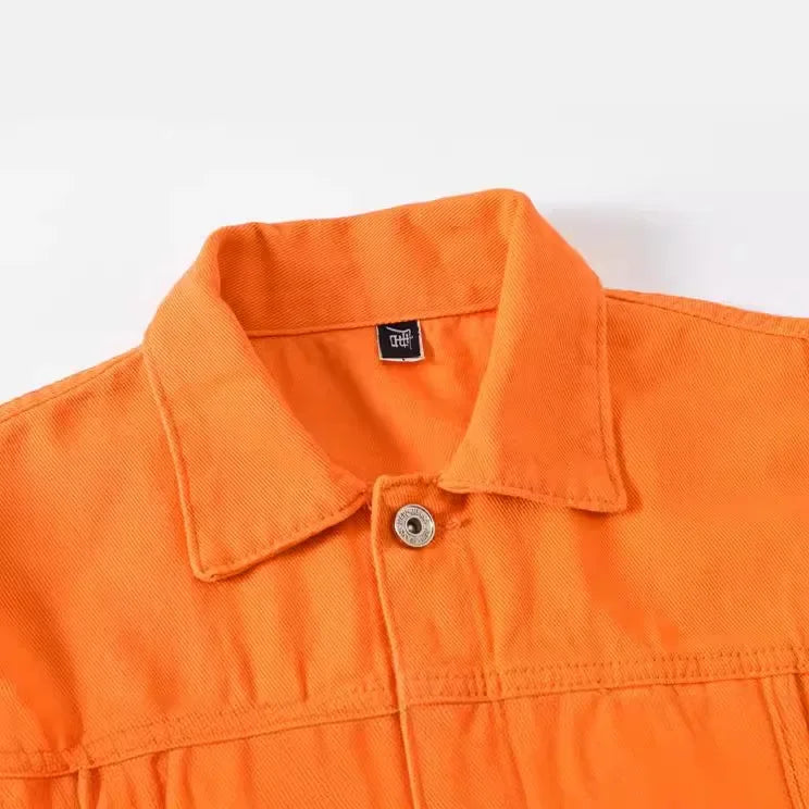 Men’s Trendy Orange Multi-Pocket Denim Jacket