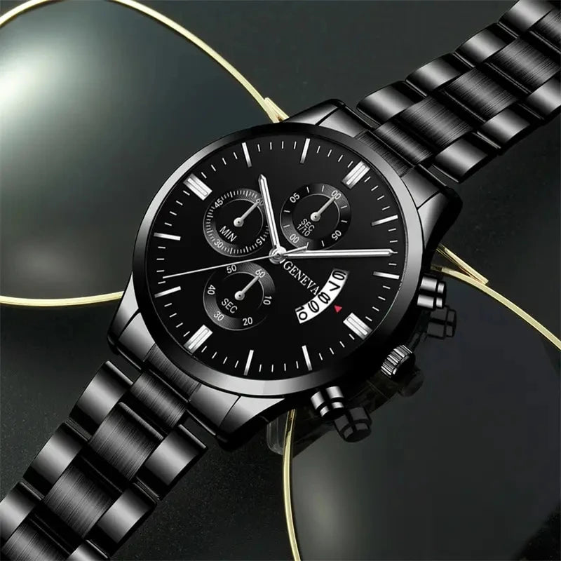 Black Stainless Steel Business Watch with Calendar & Date Display for Men