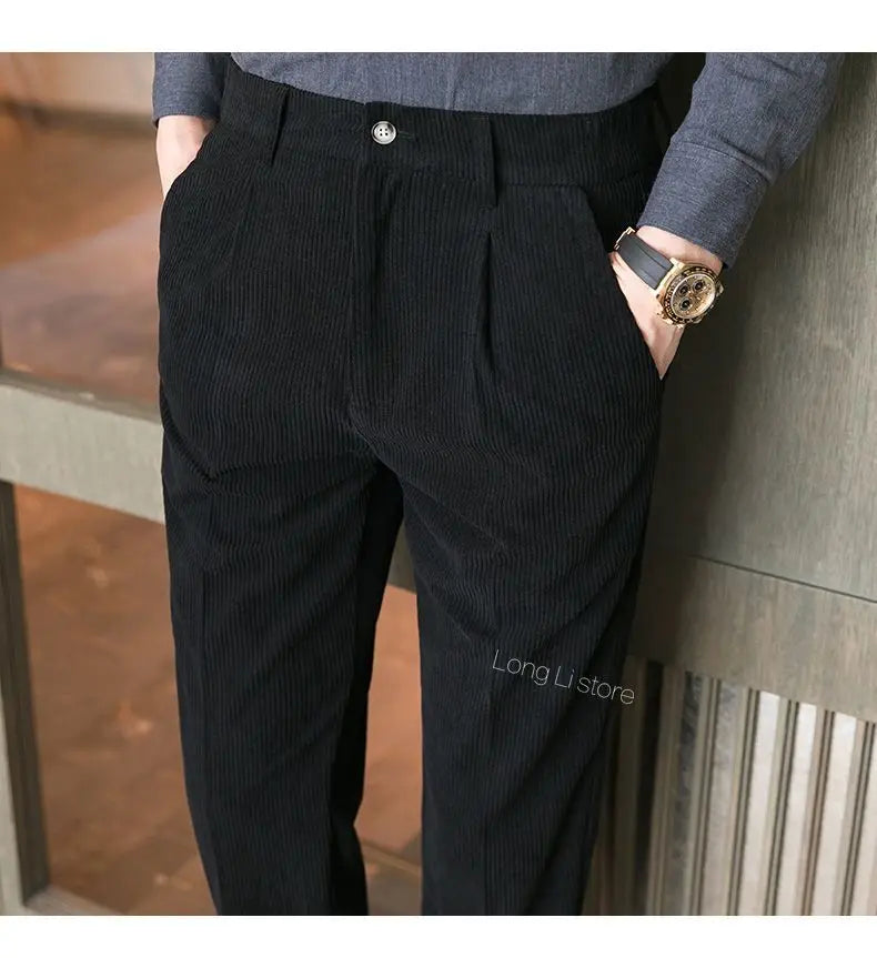 Men's Corduroy Dress Pants, Slim Fit, Smart Casual Trousers for All Seasons