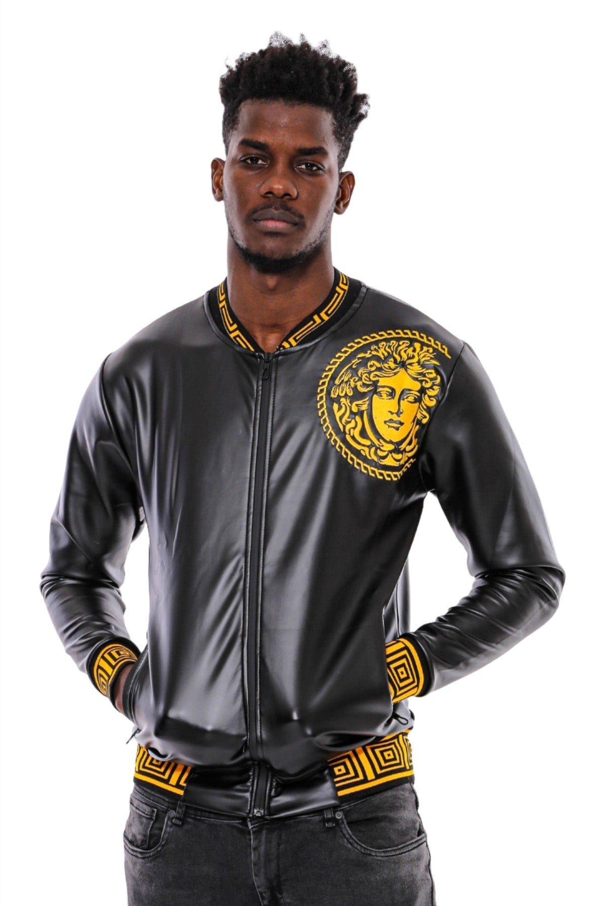 Black Leather Touch Printed Seasonal Coat
