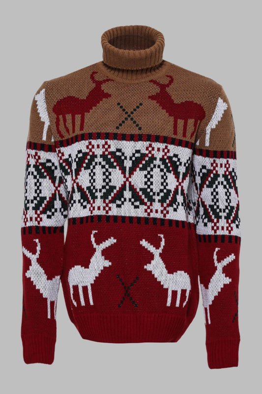 Deer Patterned Christmas Themed Turtleneck Red Beige Men Sweater