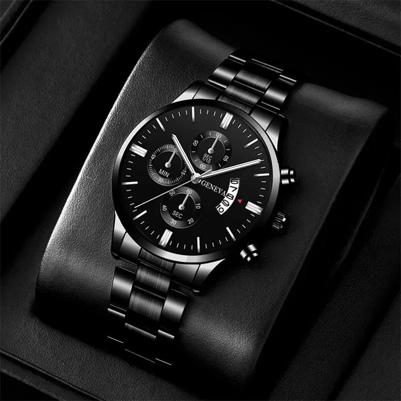 Black Stainless Steel Business Watch with Calendar & Date Display for Men