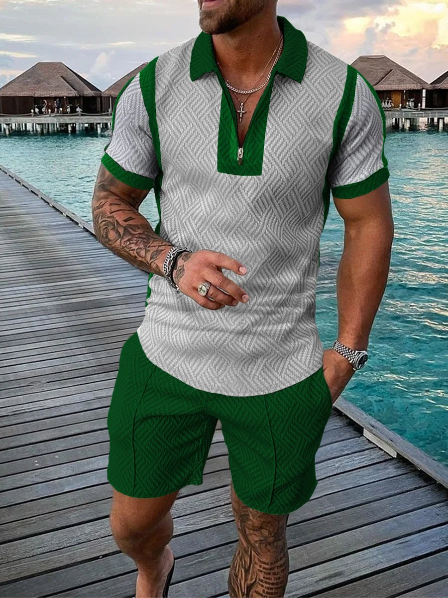 Men’s 3D Stripe Print Zip Polo Shirt & Shorts Set