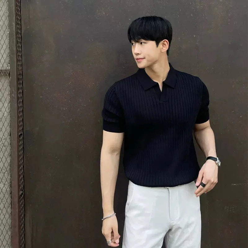 V-Neck Knitted Polo Shirt for Men