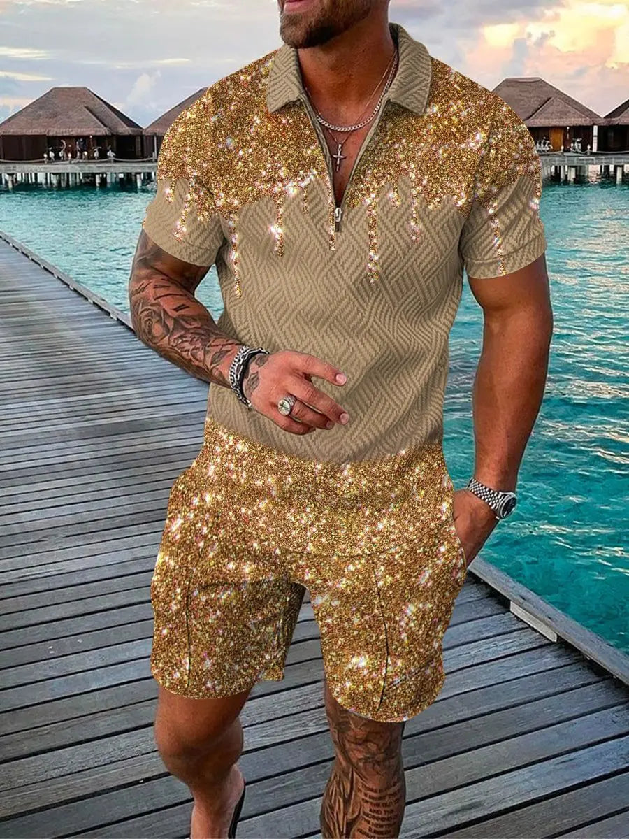 Men’s 3D Stripe Print Zip Polo Shirt & Shorts Set