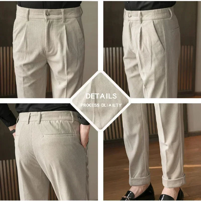 Men's Corduroy Dress Pants, Slim Fit, Smart Casual Trousers for All Seasons