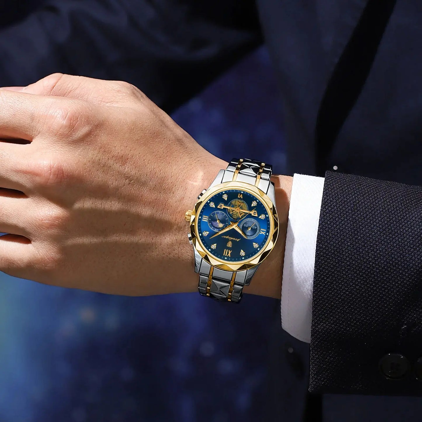 Man Waterproof Luminous Chronograph Quartz Timepiece with Stainless Steel Band