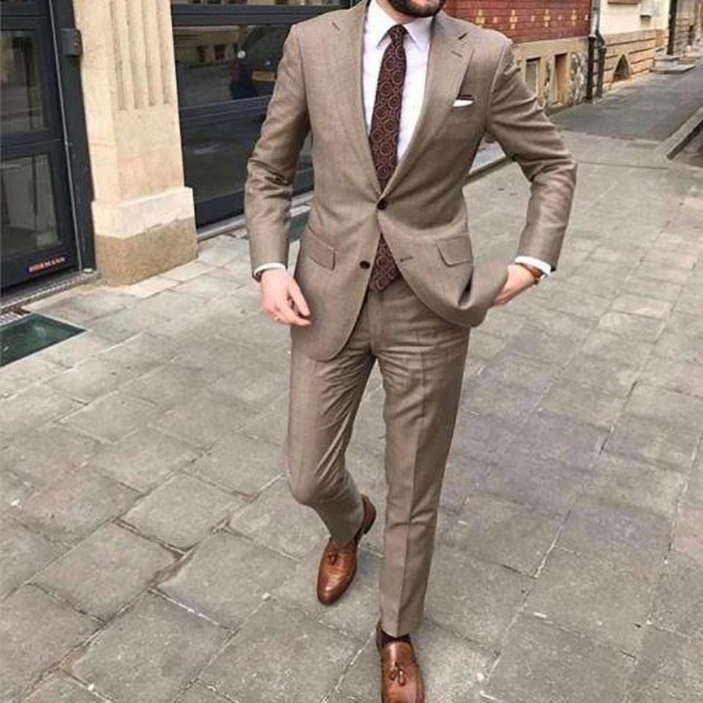 Men’s Slim Fit Khaki Suit – 2-Piece Summer Outfit with Notch Lapel Blazer & Pants