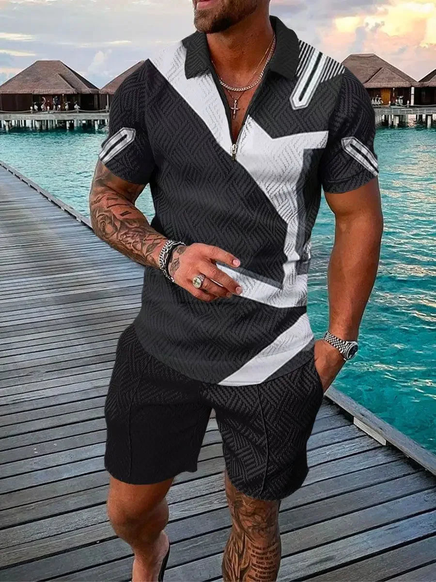 Men’s 3D Stripe Print Zip Polo Shirt & Shorts Set