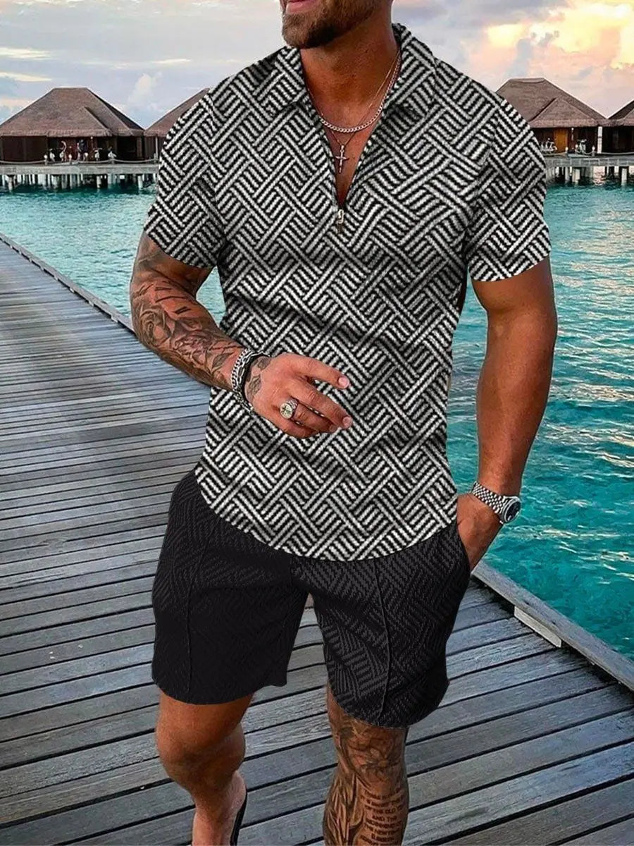 Men’s 3D Stripe Print Zip Polo Shirt & Shorts Set