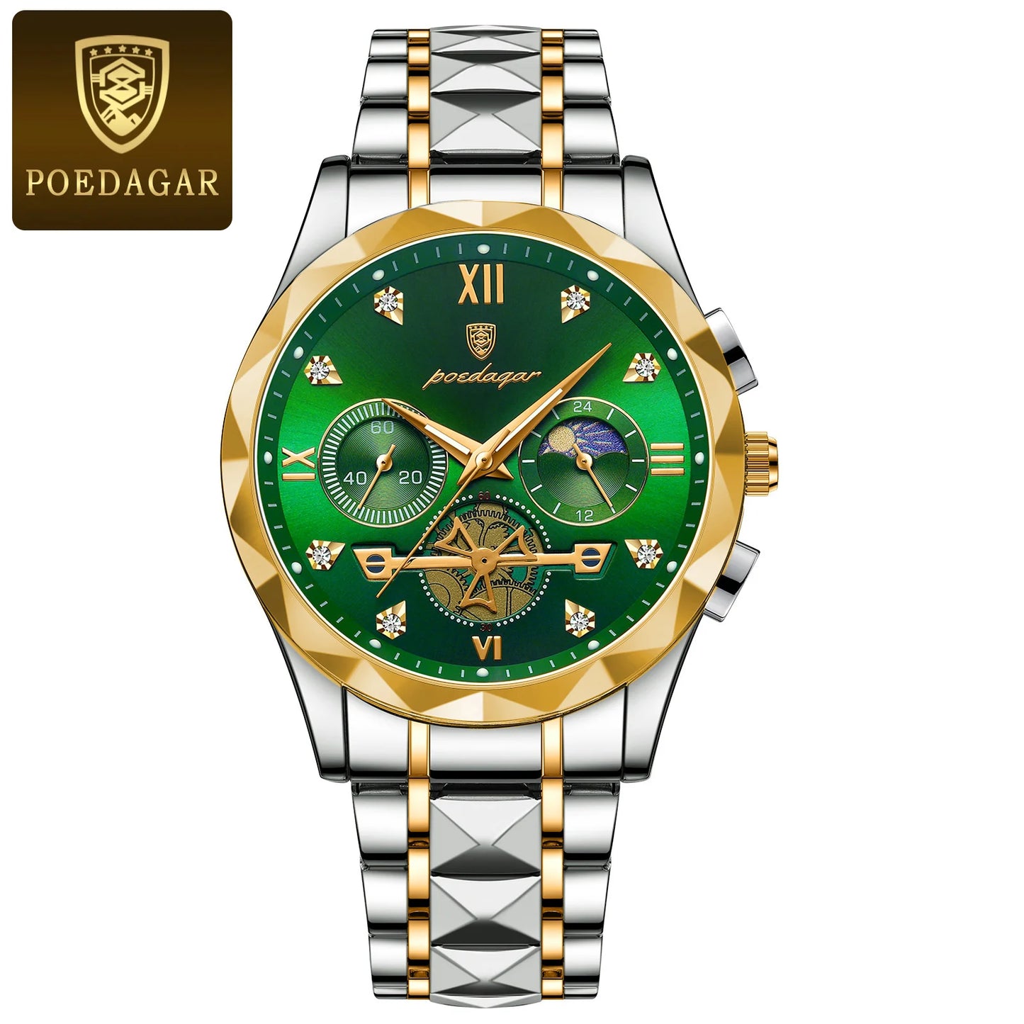 Man Waterproof Luminous Chronograph Quartz Timepiece with Stainless Steel Band