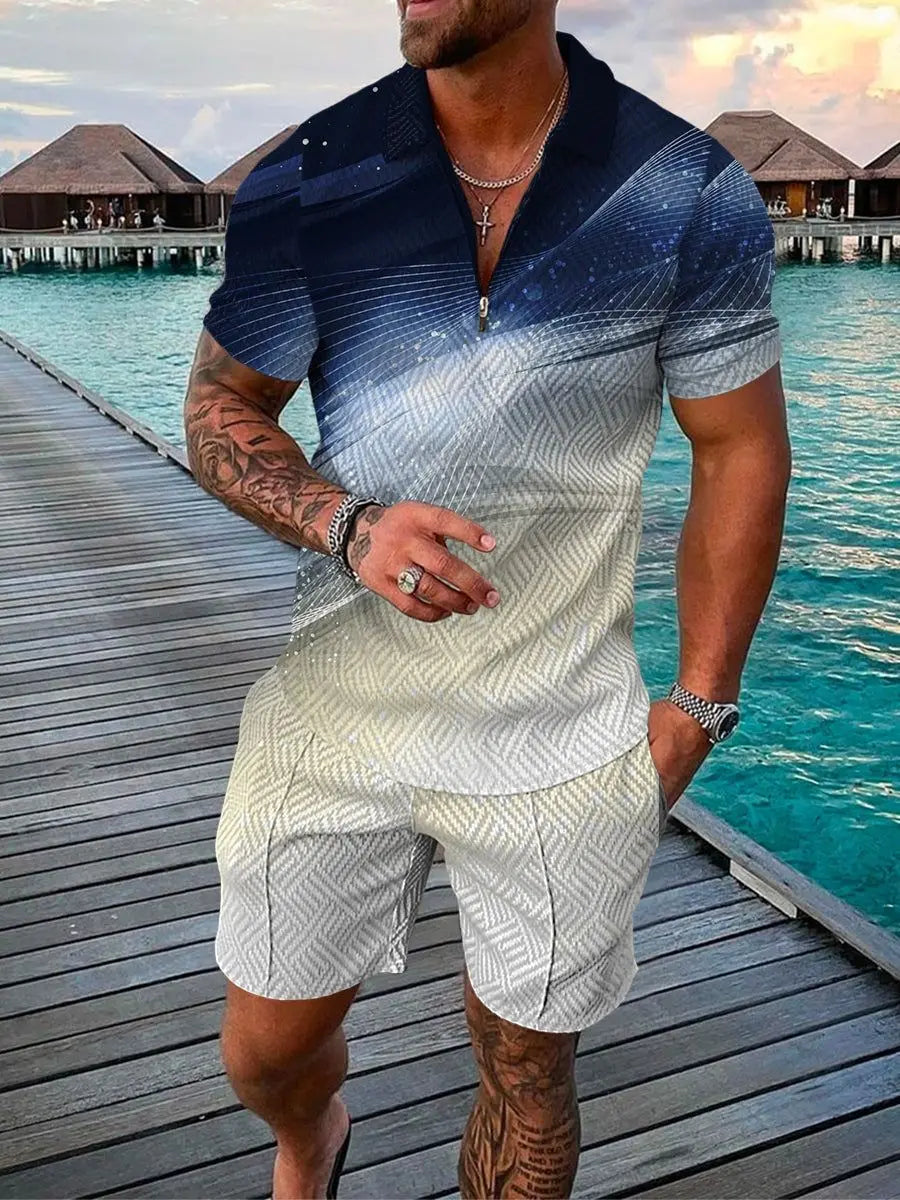 Men’s 3D Stripe Print Zip Polo Shirt & Shorts Set