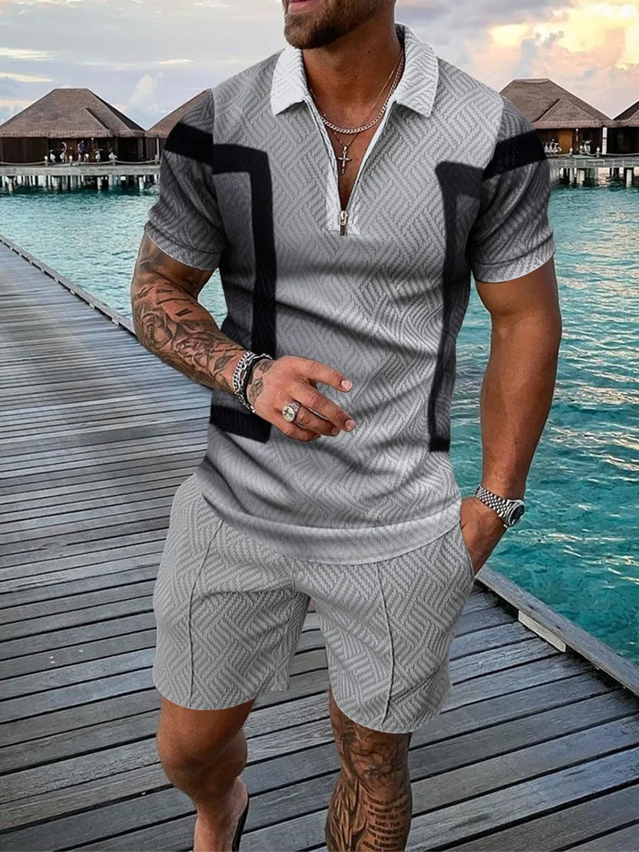 Men’s 3D Stripe Print Zip Polo Shirt & Shorts Set
