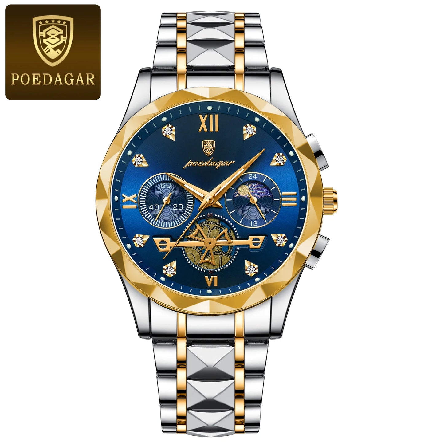 Man Waterproof Luminous Chronograph Quartz Timepiece with Stainless Steel Band