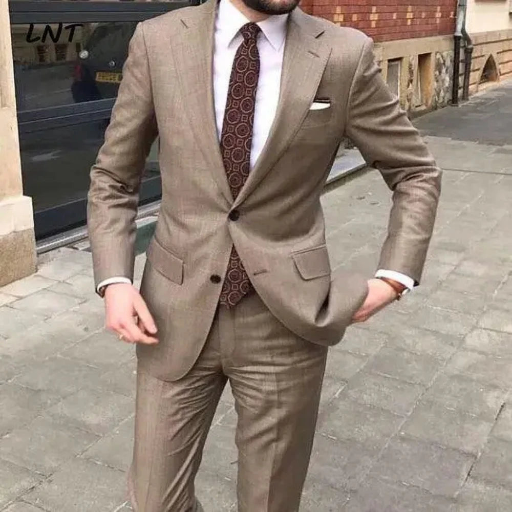 Men’s Slim Fit Khaki Suit – 2-Piece Summer Outfit with Notch Lapel Blazer & Pants