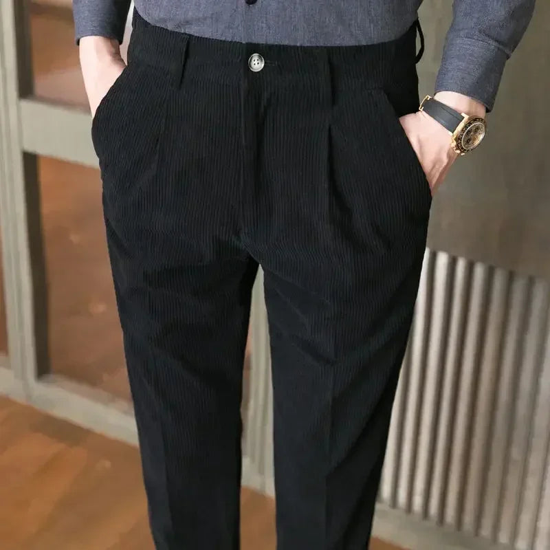 Men's Corduroy Dress Pants, Slim Fit, Smart Casual Trousers for All Seasons