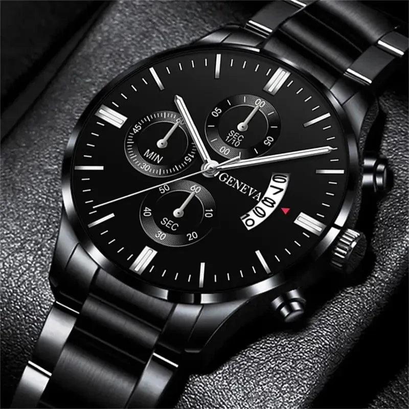 Black Stainless Steel Business Watch with Calendar & Date Display for Men