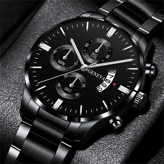 Black Stainless Steel Business Watch with Calendar & Date Display for Men