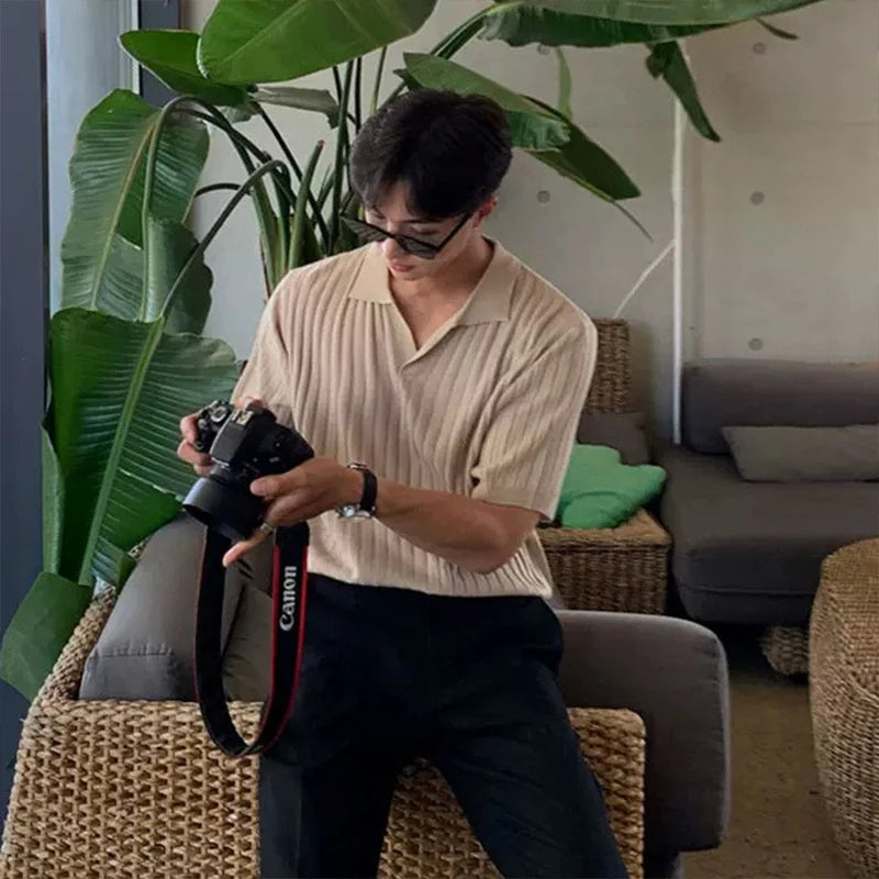 V-Neck Knitted Polo Shirt for Men